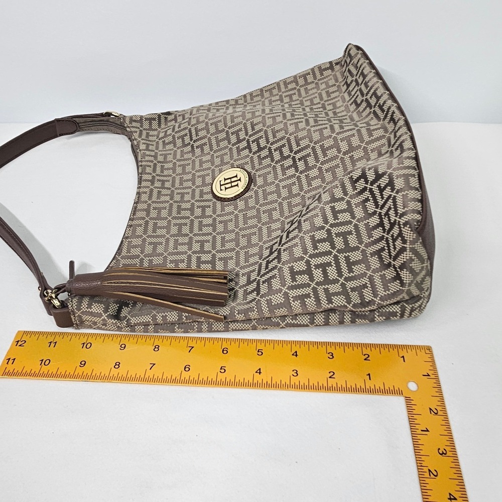 Tommy Hilfiger Hobo Bag Shoulder Purse Monogram Brown Tassel Logo Canvas Medium - Picture 7 of 16